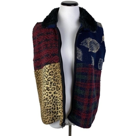 Tally Ho Vintage Multi Patterned Full Zip Faux Fur Collar Sweater Vest Women's M - Picture 5 of 8